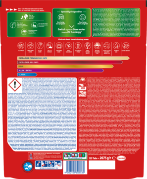 Tył czerwonego opakowania tabletek Somat All in 1 Extra do zmywarek z białym tekstem, kodem kreskowym i ikonami.