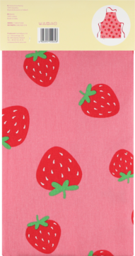 Różowy fartuch kuchenny z wzorem truskawek, czerwone owoce z zielonymi szypułkami, widoczna etykieta produktu.