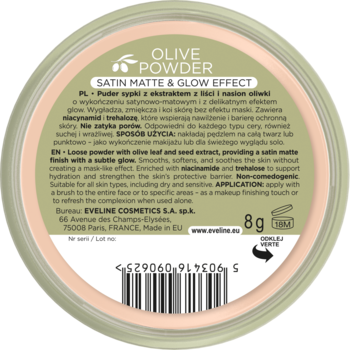 Tył pudru prasowanego Olive Powder Satin Matte & Glow Effect 8g. Zielone opakowanie z opisem.