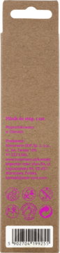 Tył brązowego kartonowego opakowania produktu z różowym tekstem informacyjnym, symbolami recyklingu i kodem kreskowym.