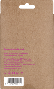 Tył brązowego kartonowego opakowania turbanu do włosów z poliestru i bawełny, z informacjami o składzie i kodem kreskowym.