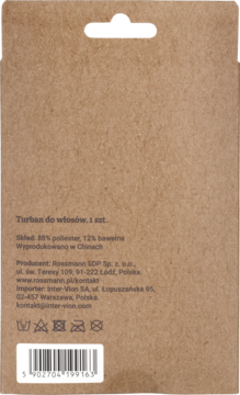 Tył brązowego kartonowego opakowania turbanu do włosów z poliestru i bawełny, widoczne informacje i kod kreskowy.