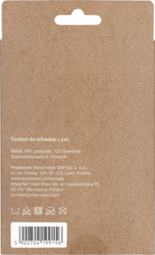 Tył brązowego, kartonowego opakowania turbana do włosów. Widoczny skład (poliester, bawełna), dane producenta i kod kreskowy.