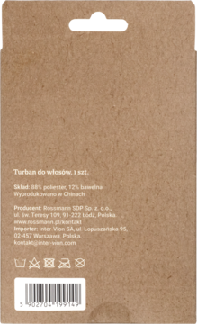 Tył brązowego opakowania turbana do włosów Rossmann, z widocznym składem 88% poliester, 12% bawełna i kodem kreskowym.
