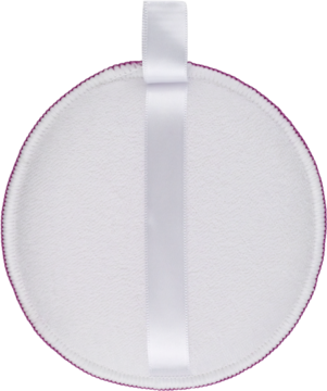 Okrągła, biała gąbeczka do pudru z miękkiego materiału, z fioletowym obszyciem i białym satynowym uchwytem, widok z góry.
