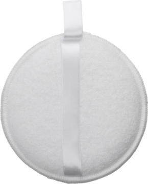 Okrągły, biały puszek do makijażu z miękkiego materiału, z satynowym paskiem do chwytania, widok z góry.
