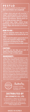 Tył różowego opakowania PESTLO BABY COLLAGEN GLOW MASK, z listą składników, instrukcją i detalami.