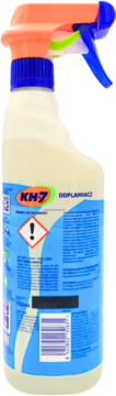 Tył butelki odplamiacza KH7 z niebieską etykietą, piktogramem ostrzegawczym i kodem kreskowym. Pomarańczowy spray.