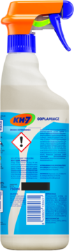 Tylna strona białej butelki odplamiacza KH-7 do tkanin 750ml, z niebieską etykietą, pomarańczowym spryskiwaczem.