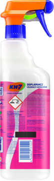 Tył butelki KH7 Odplamiacz, 750ml, z różową etykietą, pomarańczowo-niebieskim atomizerem, widoczne informacje.