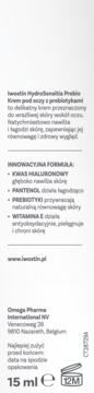 Iwostin HydroSensitia Prebio krem pod oczy, zbliżenie na białą boczną etykietę z opisem, 15 ml, PAO 12M.