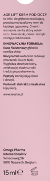Tylna strona różowego opakowania kremu pod oczy Iwostin Age Lift 15 ml, z opisem i kluczowymi składnikami.