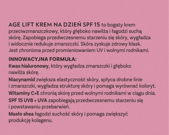Tekst na różowym tle opisujący krem Iwostin Age Lift SPF 15, z informacjami o składnikach i działaniu.