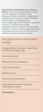 Iwostin Solecrin SPF 50+, krem ochronny do skóry wrażliwej. Opakowanie z tekstem o właściwościach i składnikach.