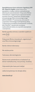 Opis produktu: Iwostin Solecrin Capillin Krem ochronno-łagodzący SPF 50+, tekst na jasnym beżowym tle.