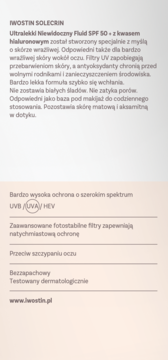 Tekstowy panel z opisem Iwostin Solecrin Fluid SPF 50+ hialuronowy, ochrona UVA/UVB/HEV dla skóry wrażliwej.