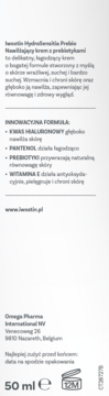 Tył opakowania kremu Iwostin HydroSensitia Prebio 50 ml, z polskim opisem działania i składu.