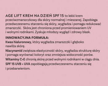 Tekst o kremie Iwostin Age Lift SPF 15, z formułą anti-aging i filtrem, na różowym tle.