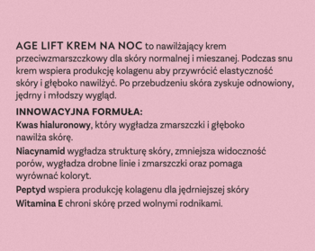 Biały tekst opisujący krem na noc Iwostin Age Lift, nawilżający i przeciwzmarszczkowy, na różowym tle.