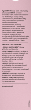 Etykieta kremu Iwostin Age Lift SPF 50 na różowym tle. Opis właściwości: redukcja zmarszczek, ochrona UV.