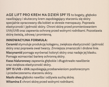 Tekst opisujący Iwostin Age Lift Pro krem na dzień SPF 15, z formułą przeciwzmarszczkową dla kobiet w menopauzie.