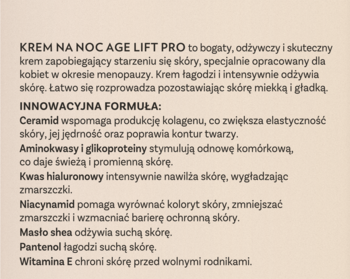 Zbliżenie na tekst na opakowaniu kremu Iwostin Age Lift Pro, opis formuły i składników aktywnych.