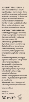 Tył opakowania serum Iwostin Age Lift Pro 30ml, szczegółowy opis działania i składników aktywnych, beżowe tło.