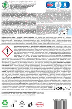 Tył opakowania zawieszek do WC Bref Power Active Fruitopia 3x50g z instrukcjami, ostrzeżeniami i kodem kreskowym.