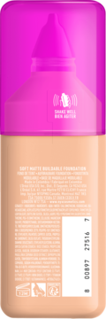 Tylne opakowanie podkładu NYX Make Em Wonder Soft Matte Buildable Foundation w beżowej butelce z różową nakrętką, widoczne napisy i kod kreskowy.
