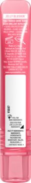 NYX Jelly Job Jelly Blushin' błyszczyk, tył różowej tubki z naklejką 'PEEL FOR MORE INGREDIENTS'.