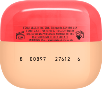 Tył opakowania pudru NYX Wonder Snatch w odcieniu Peach Posse z danymi dystrybucji L'Oréal i kodami.