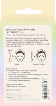 Tył opakowania Eloy masażerów relaksacyjnych do twarzy. Biała etykieta z polskimi instrukcjami i grafikami użycia.