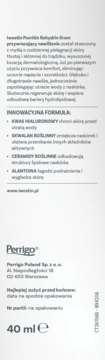 Tył opakowania Iwostin Purritin Rehydrin Krem, z opisem składników aktywnych i pojemnością 40 ml na białym tle.