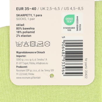Zbliżenie na metkę skarpet Eloy damskie matcha 35-40. Widoczny skład: 80% bawełna, logo OEKO-TEX i kod kreskowy.