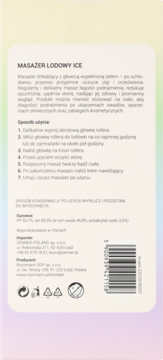 Tył opakowania masażera lodowego ELOY ICE AM214 z instrukcją użycia, składem, kodem kreskowym, na pastelowym tle.