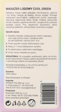Tył opakowania masażera lodowego Cool Green, białe tło z gradientem, szczegółowe instrukcje i kod kreskowy.