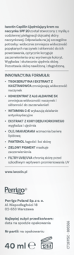 Tył białego opakowania IWOSTIN Capillin Ujędrniający krem na naczynka SPF 20, z listą składników i objętością 40 ml.