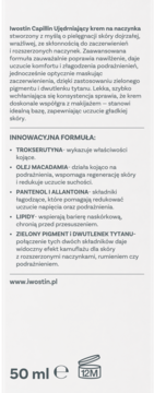 Tył opakowania kremu Iwostin Capillin Ujędrniający na naczynka 50 ml, z opisem działania i składnikami.