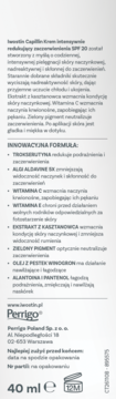 Iwostin Capillin Krem SPF 20 na zaczerwienienia: tył opakowania z listą składników i danych producenta Perrigo.