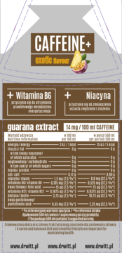 DR Witt CAFFEINE+ Exotic Flavour napój w brązowym kartonie, z owocami ananasa i marakui, widok etykiety.