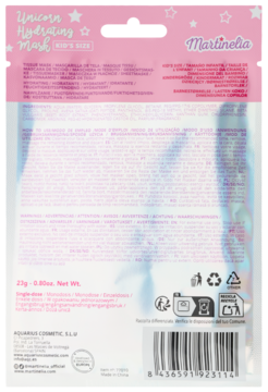 Tył różowej saszetki Martinelia Unicorn Hydrating Mask 23g z instrukcją, ikonami i iryzującym wzorem.