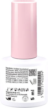 Lakier hybrydowy malinowy 5 ml. Widok tyłu białej butelki z różową zakrętką, widoczne składniki i kod kreskowy.