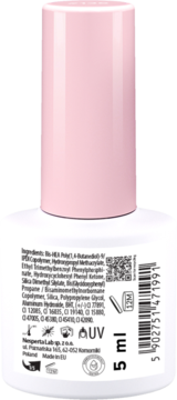 Tył butelki lakieru do paznokci #377 Courageous Coral 5ml, z etykietą składników i ostrzeżeniami UV.