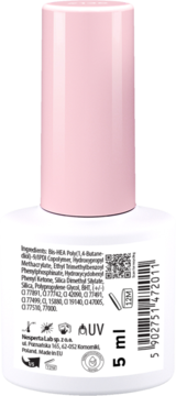 Tył butelki lakieru hybrydowego z różową zakrętką, szczegółowe składniki i kod kreskowy. Pojemność 5ml.