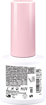 Tył lakieru hybrydowego #620 Sweet Red Wine w różowej butelce z etykietą składników i kodem kreskowym, 5 ml.