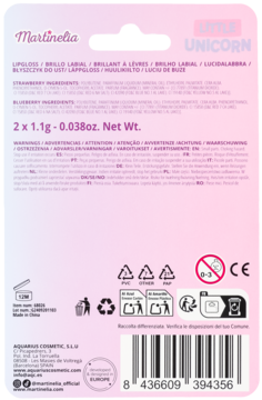 Tył różowo-fioletowego opakowania Martinelia Unicorn lip gloss. Widoczne składniki, ostrzeżenia, kod kreskowy, 2x1.1g.