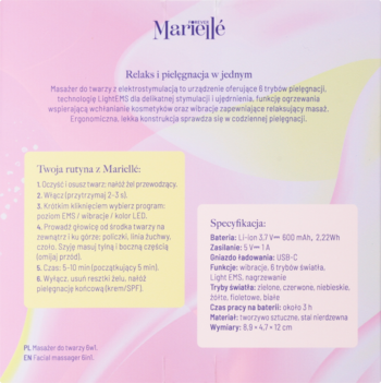 Tył jasnoróżowego opakowania masażera do twarzy Mariellé z polskim opisem i specyfikacją.