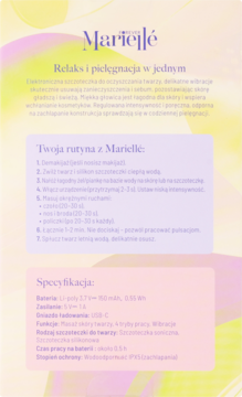 Biały plakat reklamowy Mariellé z pastelowymi akcentami, prezentujący rutynę pielęgnacyjną i specyfikację urządzenia.