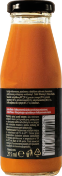 Napój wieloowocowy w szklanej butelce, tył opakowania z czarną etykietą, widoczne składniki i kod EAN.