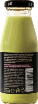 Tył zielonego, przecierowego koktajlu owocowo-warzywnego w butelce, z czarną etykietą i widocznym składem.